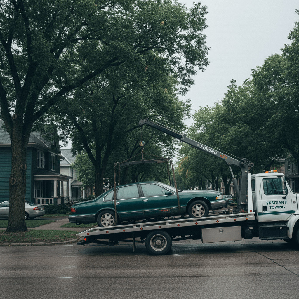 Damaged car being winched onto a tow truck