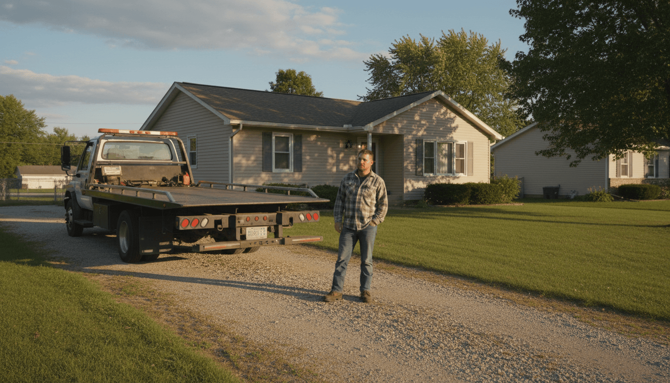 A tow truck parked in a driveway ready to haul away a junk car in Ypsilanti