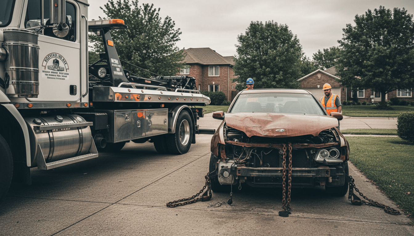 Professional towing truck loading severely damaged sedan in residential driveway with operators securing vehicle with safety chains.